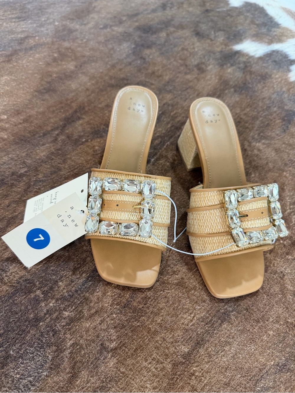 a new day Tan Jeweled Buckle Slide heels size 7